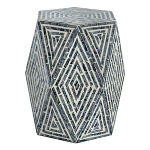 Benjara 18&quot Accent Table Stool- Hexagonal Design- Diamond Pattern- Blue/White