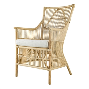 Benjara 23&quot Rattan Dining Armchair- White Fabric Padded Seat- Natural Brown