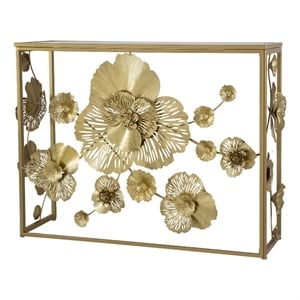 Benjara 39&quot Mirrored Top Console Table- Elegant Floral Design- Iron- Matte Gold