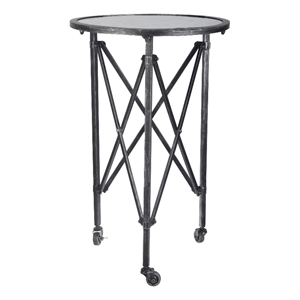 Benjara 27&quot Side Table- Round Metal Body- Glass Tabletop- 3 Wheels- Silver