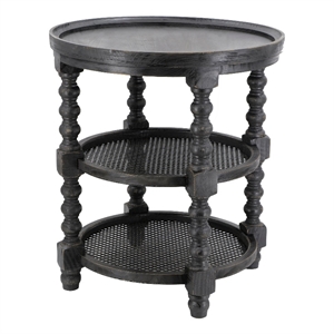 Benjara Jake 25&quot 3 Tier Side Table- Fir Wood- 2 Woven Wicker Shelves- Black