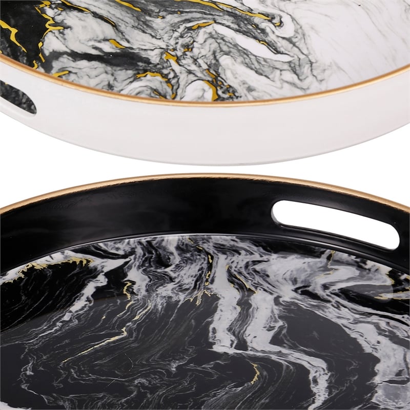 Benjara Set of 2 Round Accent Trays-Tabletop Decor-Marbling-Black-White-Gold