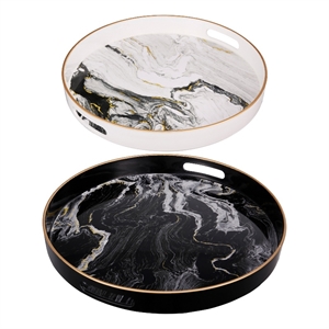 Benjara Set of 2 Round Accent Trays-Tabletop Decor-Marbling-Black-White-Gold