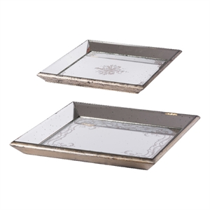 Benjara Set of 2 Square Serving Trays- Decorative- Vintage Mirrored- Champagne