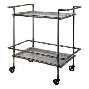 Benjara 35&quot 2 Tier Bar Cart- Industrial Style- Caster Wheels- Rustic Bronze