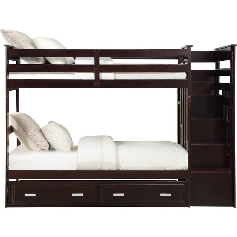 Benjara Classic Wood Twin Bunk Bed w/ Trundle- Storage Ladder- 5 Drawers- Brown