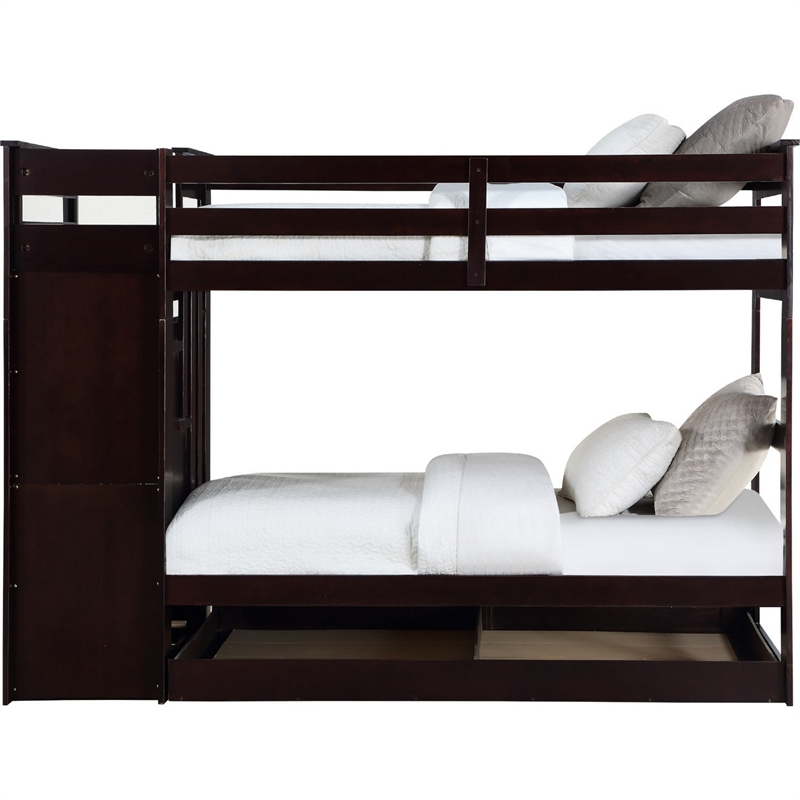 Benjara Classic Wood Twin Bunk Bed w/ Trundle- Storage Ladder- 5 Drawers- Brown
