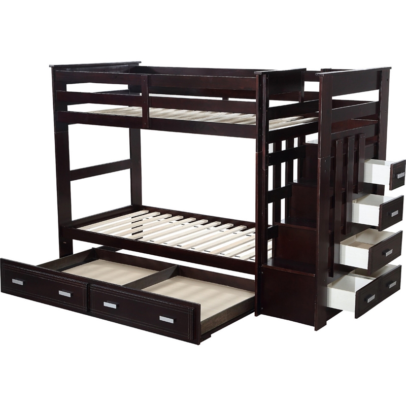 Benjara Classic Wood Twin Bunk Bed w/ Trundle- Storage Ladder- 5 Drawers- Brown