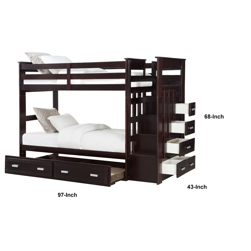 Benjara Classic Wood Twin Bunk Bed w/ Trundle- Storage Ladder- 5 Drawers- Brown