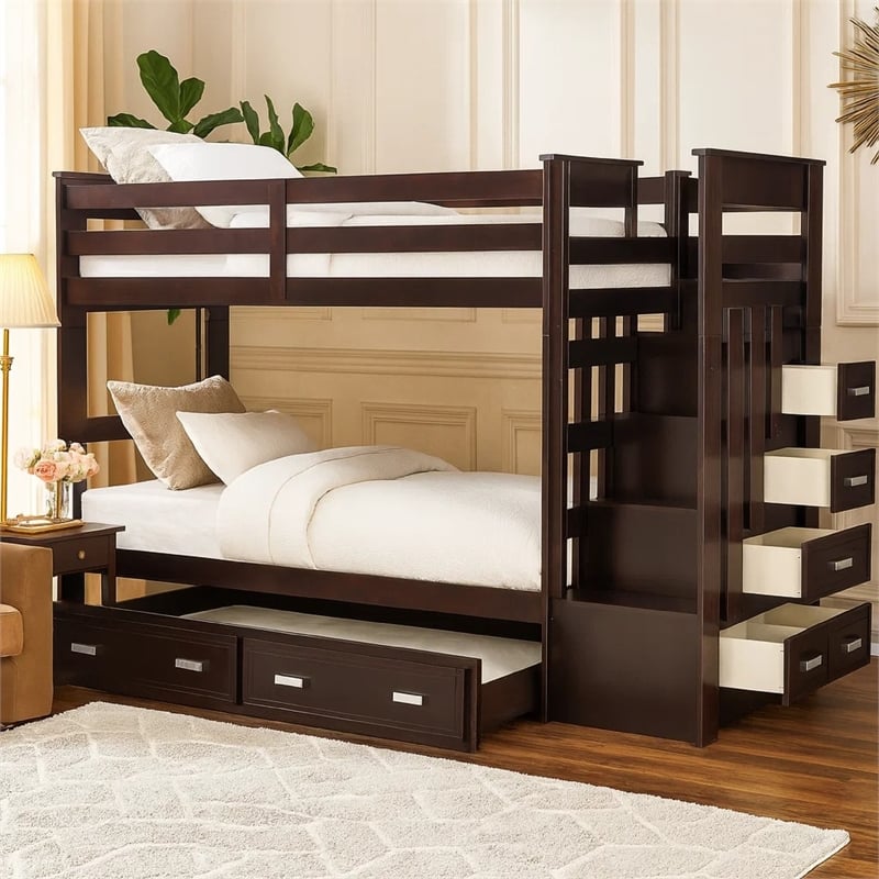 Benjara Classic Wood Twin Bunk Bed w/ Trundle- Storage Ladder- 5 Drawers- Brown