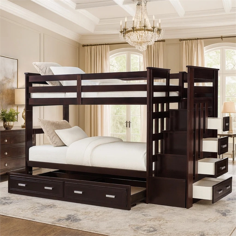 Benjara Classic Wood Twin Bunk Bed w/ Trundle- Storage Ladder- 5 Drawers- Brown