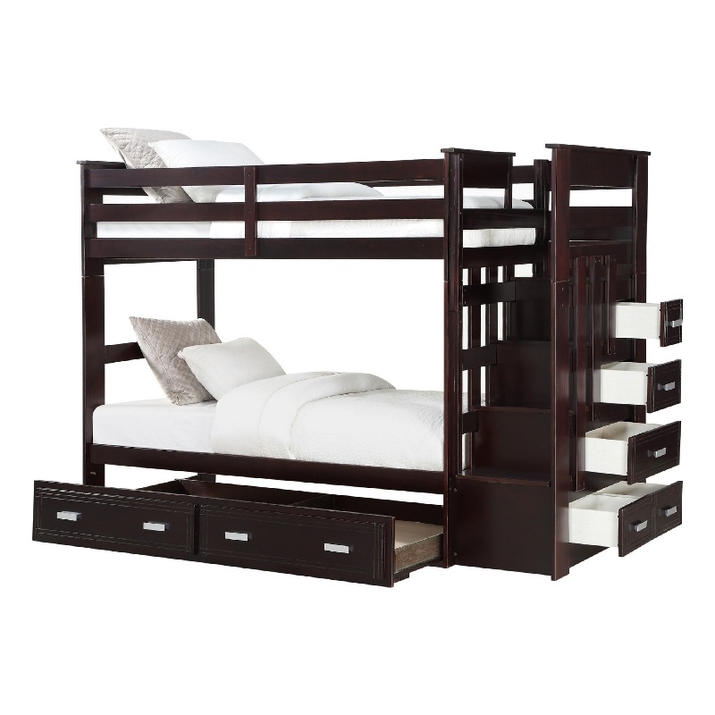 Benjara Classic Wood Twin Bunk Bed w/ Trundle- Storage Ladder- 5 Drawers- Brown