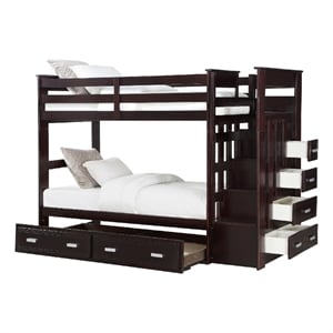 Benjara Classic Wood Twin Bunk Bed w/ Trundle- Storage Ladder- 5 Drawers- Brown