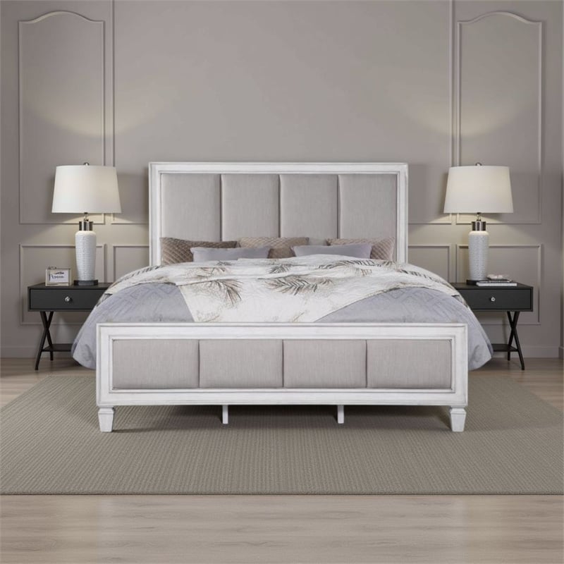 Benjara Kate Modern King Size Bed- ChannelTufted- Gray Fabric- White Wood Frame