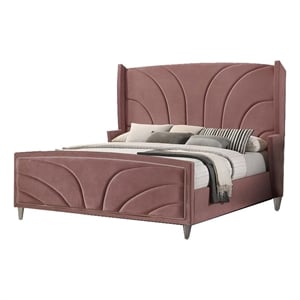 Benjara Kerith Modern Wood King Size Bed-Wingback Frame-Pink Velvet-Chrome Legs