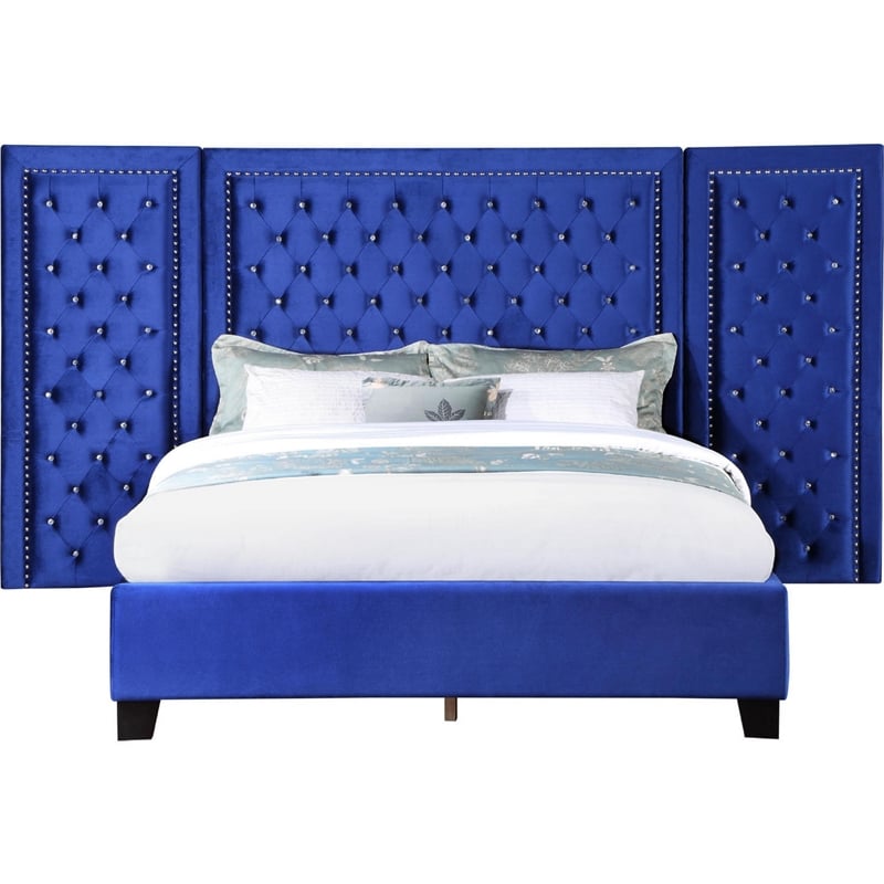 Benjara Cleo King Size Bed- Velvet- XL 3 Panel Headboard- Crystal Tufted- Blue
