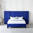Benjara Cleo King Size Bed- Velvet- XL 3 Panel Headboard- Crystal Tufted- Blue