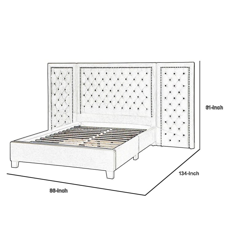 Benjara Cleo King Size Bed- Velvet- XL 3 Panel Headboard- Crystal Tufted- Blue