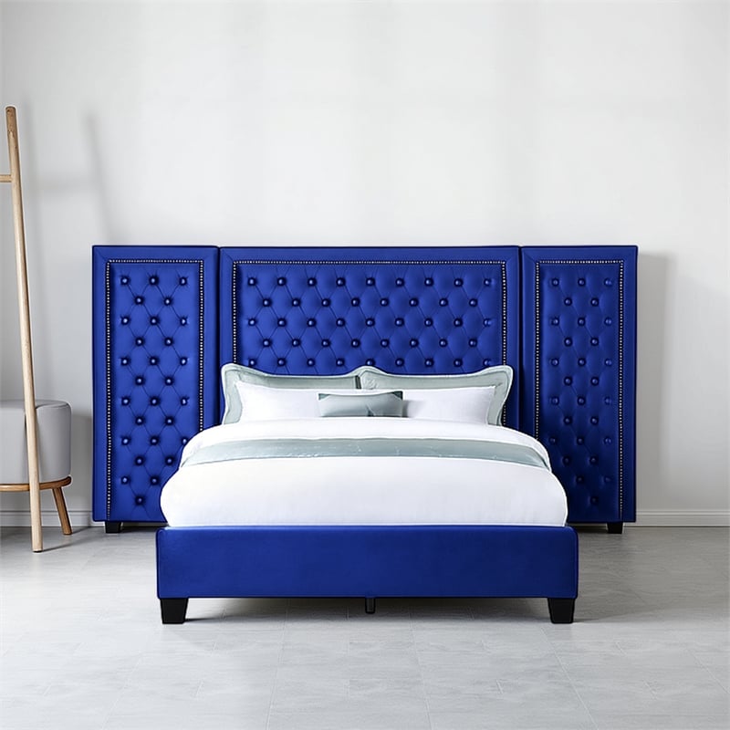 Benjara Cleo King Size Bed- Velvet- XL 3 Panel Headboard- Crystal Tufted- Blue