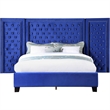 Benjara Cleo Queen Bed- Velvet- XL 3 Panel Tall Headboard- Crystal Tufted- Blue