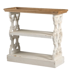 Benjara 35&quot 3 Tier Console Table- Fir Wood- Carved Panels- Brown and White