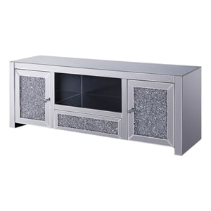 Benjara Noe 59&quot Wood TV Entertainment Media Console- Faux Diamond Inlay- Silver