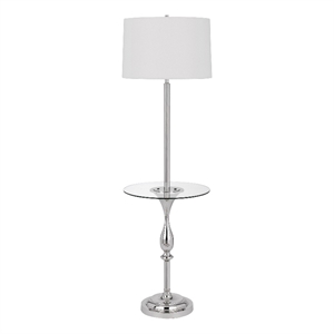 Benjara Ava 61&quot Modern Floor Lamp- Glass Tray Table- 1 USB Port- Glossy- Chrome