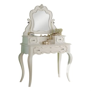 Benjara 63&quot Wood Classic Vanity Desk with Mirror- 3 Drawers- Carved- White