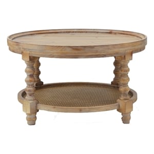 Benjara Jake 30&quot Coffee Table- Fir Wood- Lower Tier Woven Wicker Shelf- Brown