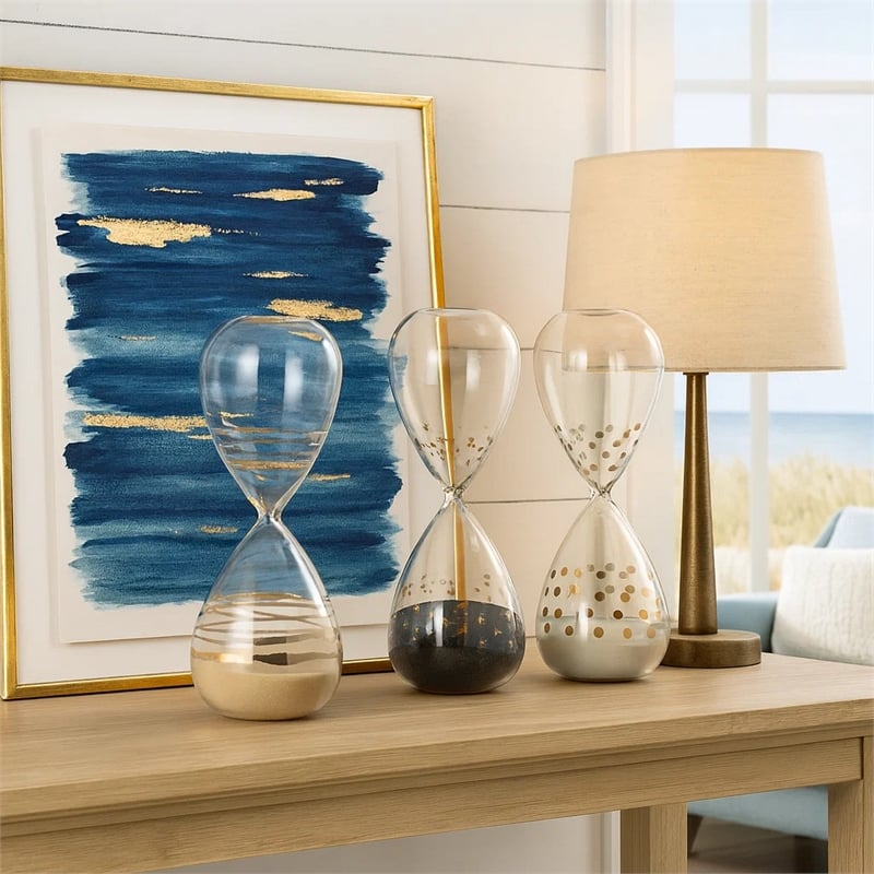 Benjara Doug Set of 3 Decorative 60 Minute Hourglass Accent Decor- Colored Sand