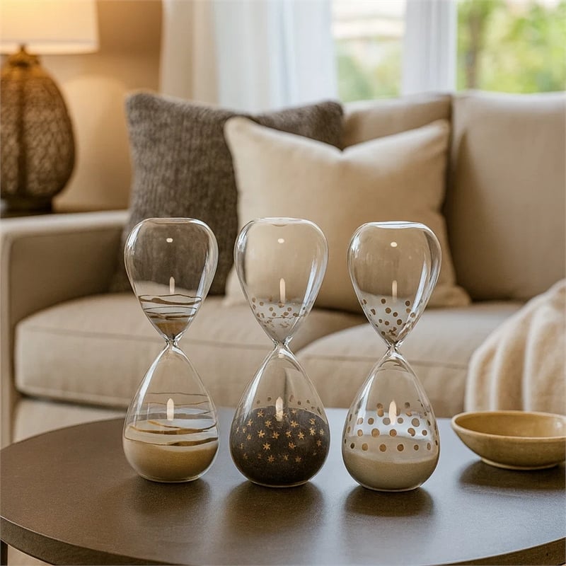 Benjara Doug Set of 3 Decorative 60 Minute Hourglass Accent Decor- Colored Sand