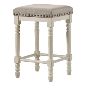 Benjara 24&quot Counter Height Stool- Luxe Nailhead Trim (Set of 2)- Antique White