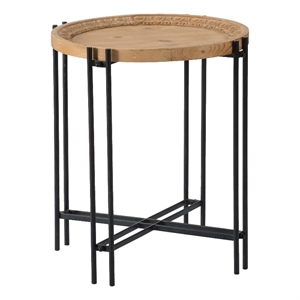 Benjara 24&quot Side Table- Modern- Round Tabletop- Carved Wood- Iron Frame- Brown