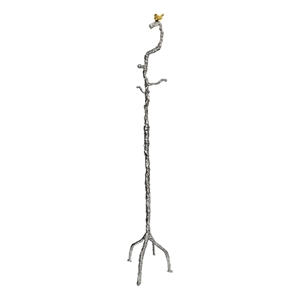 Benjara 71&quot Modern Aluminum Coat Stand- Branch Accent- Perched Bird- Silver