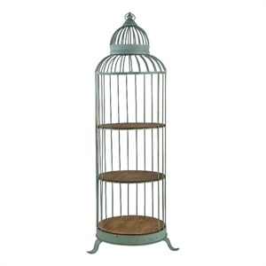 Benjara 67&quot 3 Tier Caged Iron Frame Display Shelf- Finial Top- Patina Blue
