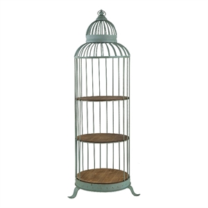 Benjara 67&quot 3 Tier Caged Iron Frame Display Shelf- Finial Top- Patina Blue