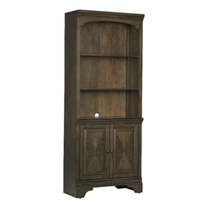 Benjara Tia 78&quot Classic 3 Tier Rubberwood Bookcase- 2 Door Cabinet- Oak Brown