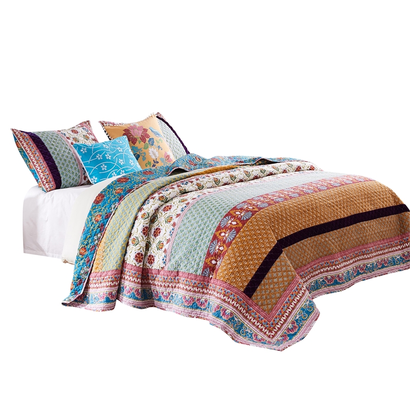 Benjara Sama 5 Piece Reversible Full Quilt Set- Floral Print Patterns-Multicolor