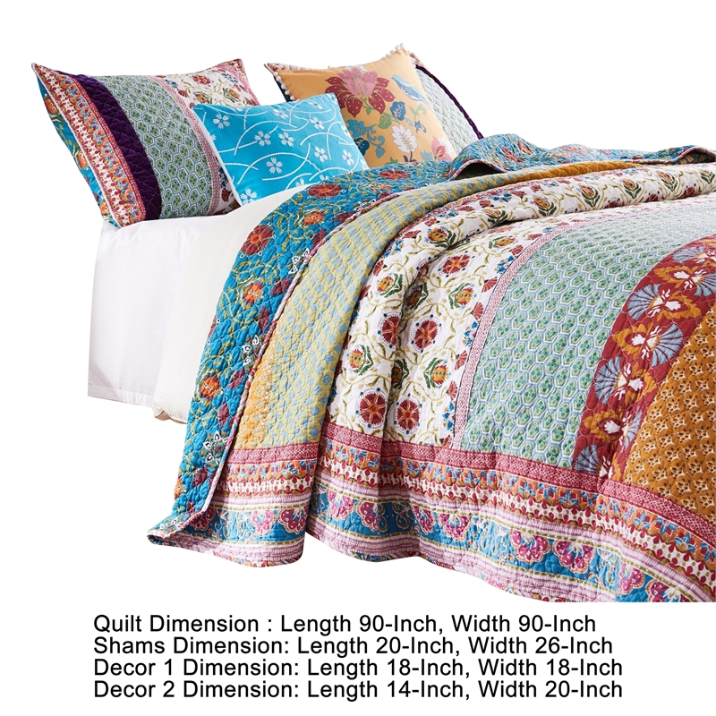 Benjara Sama 5 Piece Reversible Full Quilt Set- Floral Print Patterns-Multicolor