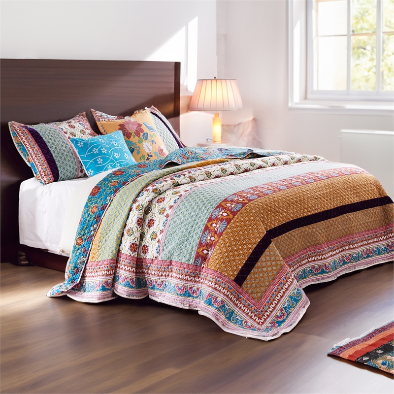Benjara Sama 5 Piece Reversible Full Quilt Set- Floral Print Patterns-Multicolor