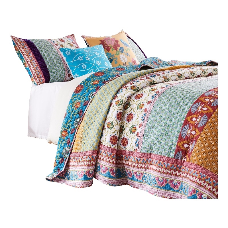 Benjara Sama 5 Piece Reversible Full Quilt Set- Floral Print Patterns-Multicolor