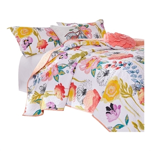 Benjara Mavi 4 Piece Reversible Twin Quilt Set- Spring Floral Print- Multicolor