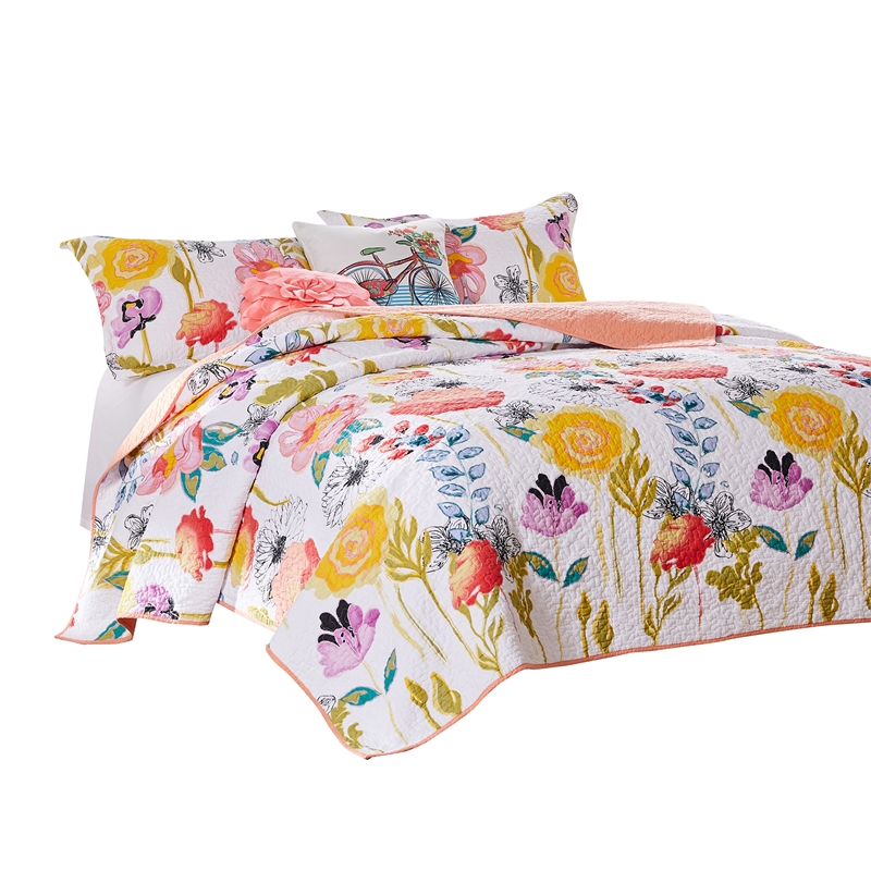 Benjara Mavi 5 Piece Reversible Full Quilt Set- Spring Floral Print- Multicolor