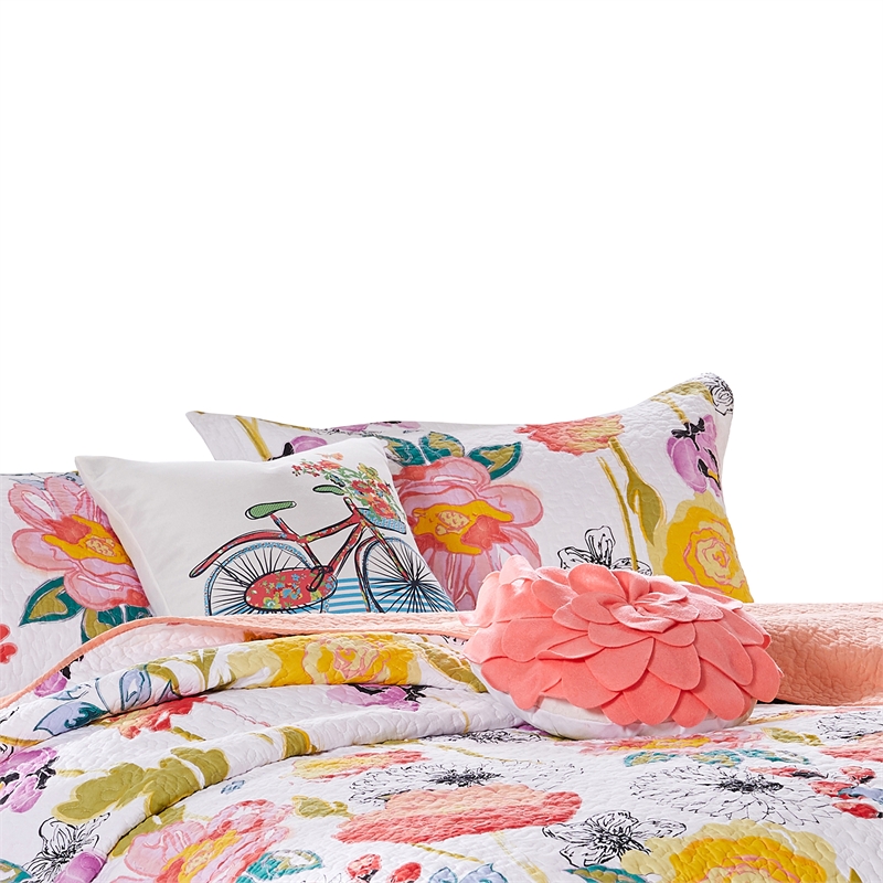 Benjara Mavi 5 Piece Reversible King Quilt Set- Spring Floral Print- Multicolor