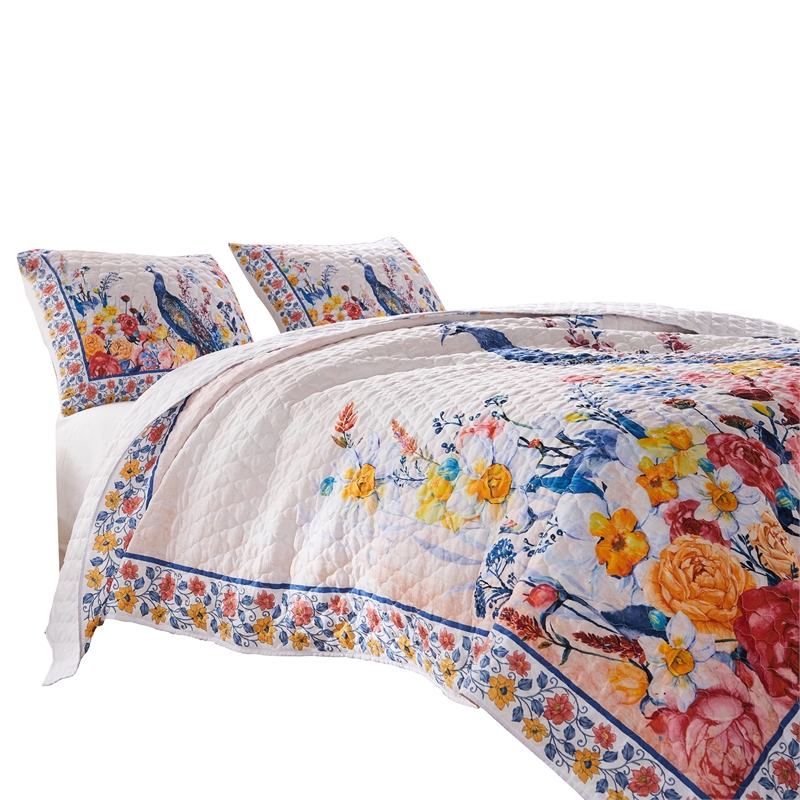 Benjara Tess Microfiber 3 Piece Full Quilt Set- Peacock- Floral Print-Multicolor