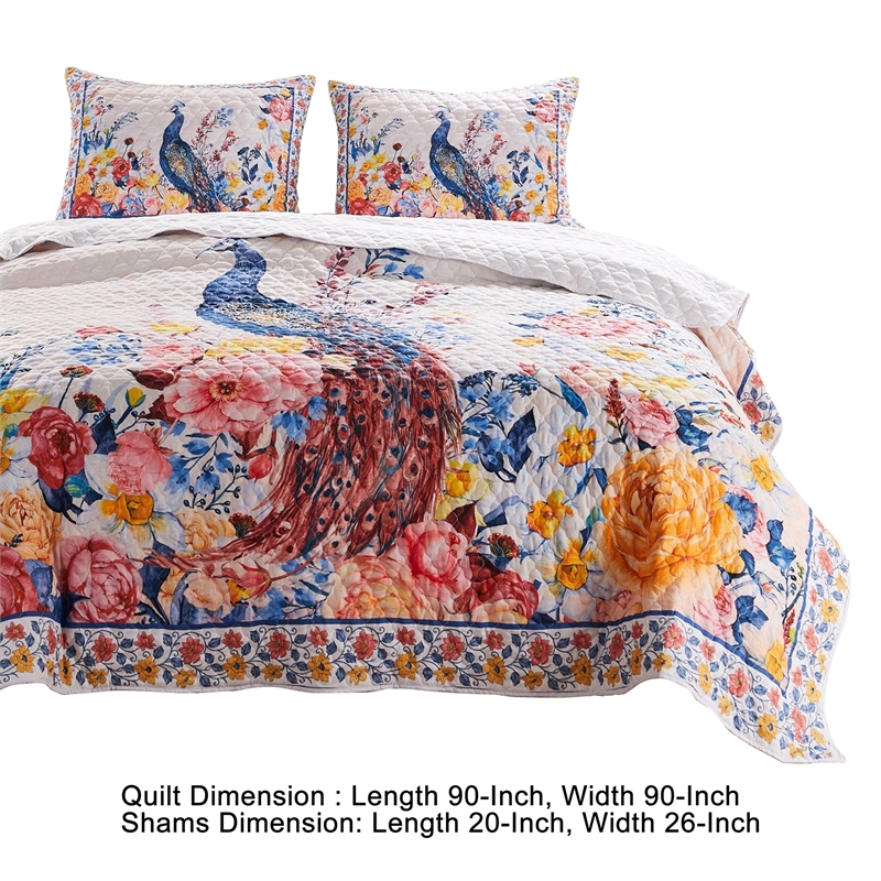 Benjara Tess Microfiber 3 Piece Full Quilt Set- Peacock- Floral Print-Multicolor