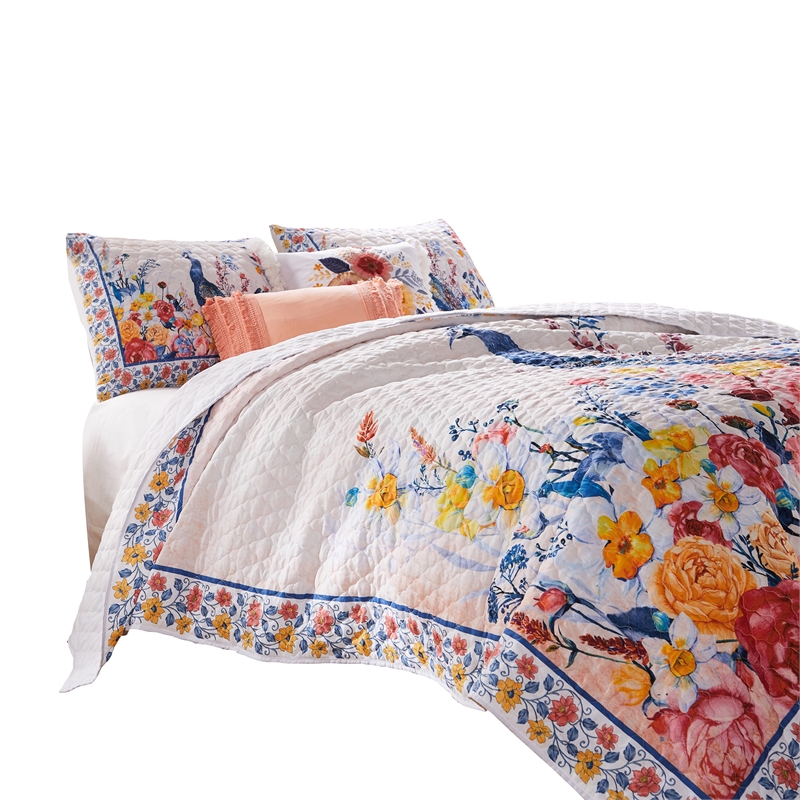 Benjara Tess Microfiber 3 Piece King Quilt Set- Peacock- Floral Print-Multicolor