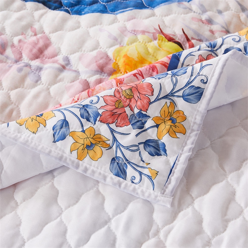 Benjara Tess Microfiber 3 Piece King Quilt Set- Peacock- Floral Print-Multicolor