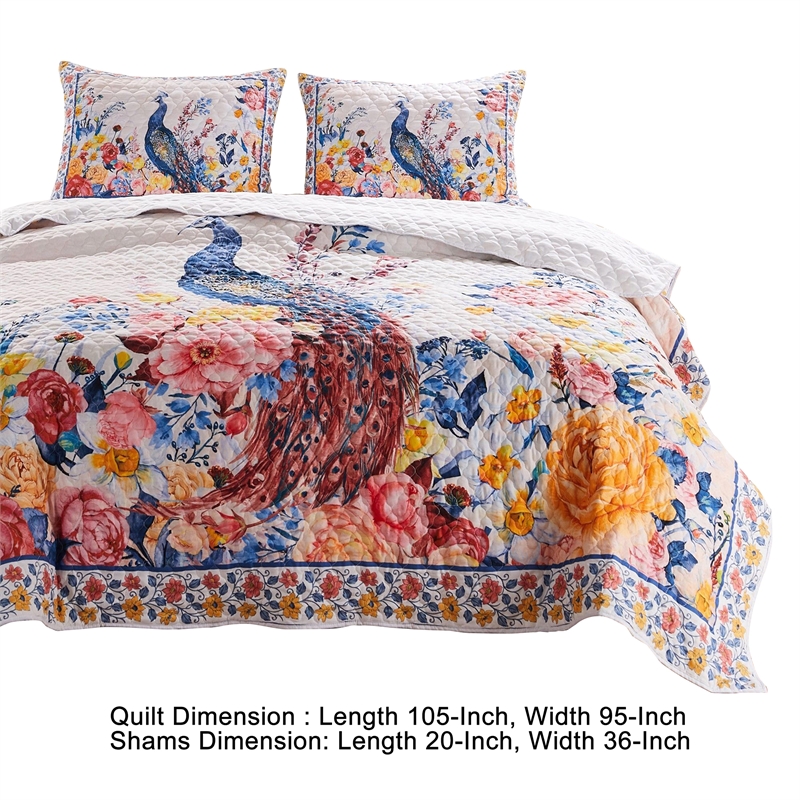 Benjara Tess Microfiber 3 Piece King Quilt Set- Peacock- Floral Print-Multicolor