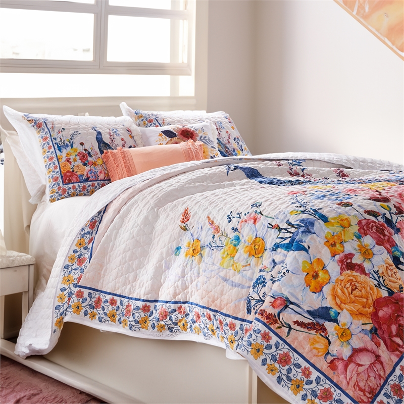 Benjara Tess Microfiber 3 Piece King Quilt Set- Peacock- Floral Print-Multicolor